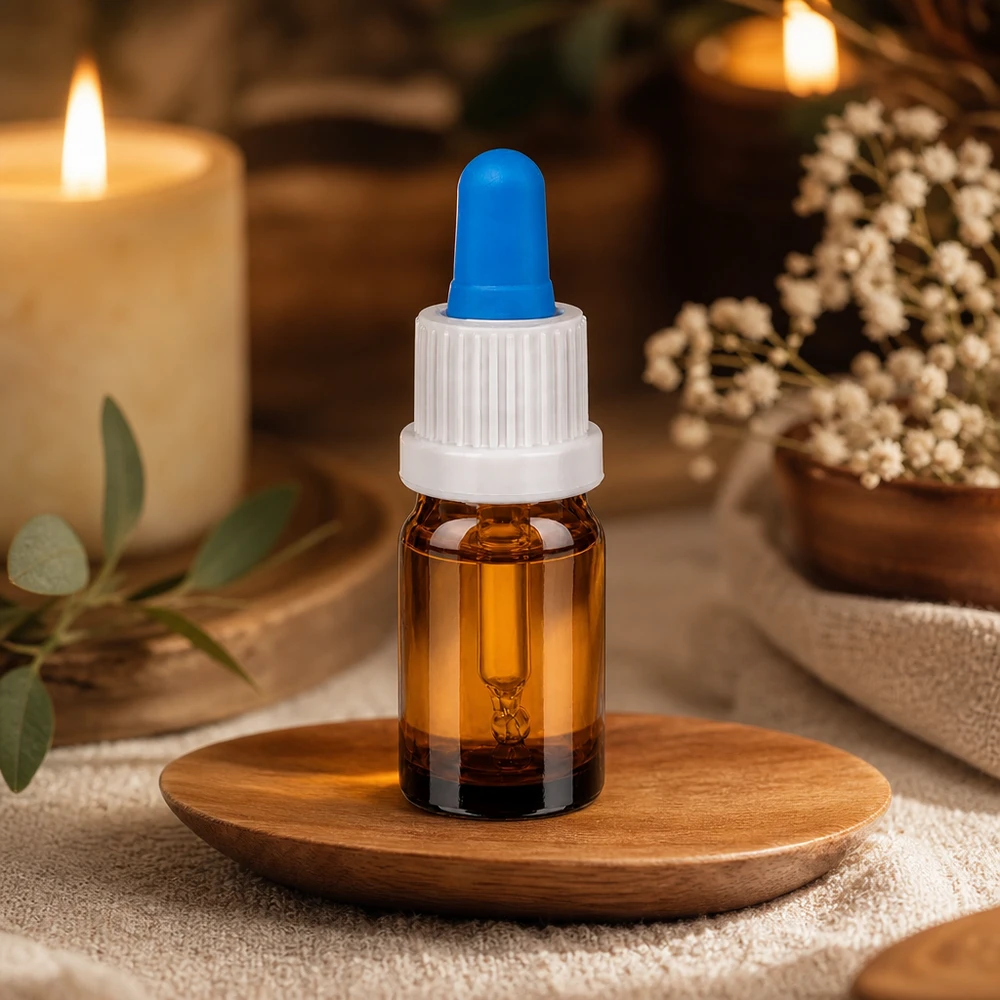 5ml pipettflaska vit/blå med säkerhetsförslutning BrownLine UT18/5 Elegant 5 ml pipettflaska i varmt bärnstensfärgat glas med snyggt vitt skruvlock och blå droppare