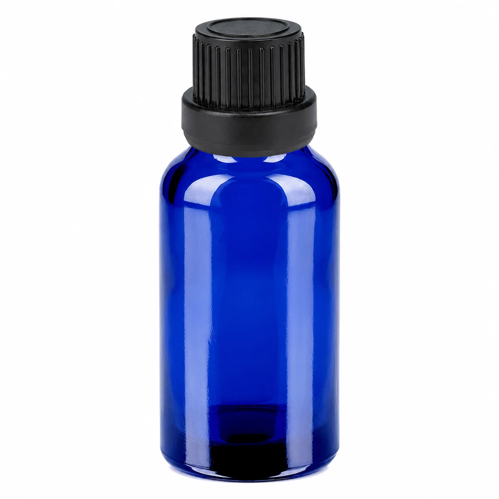 20 ml blå glasflaska med svart skruvlock för eteriska oljor och kosmetika