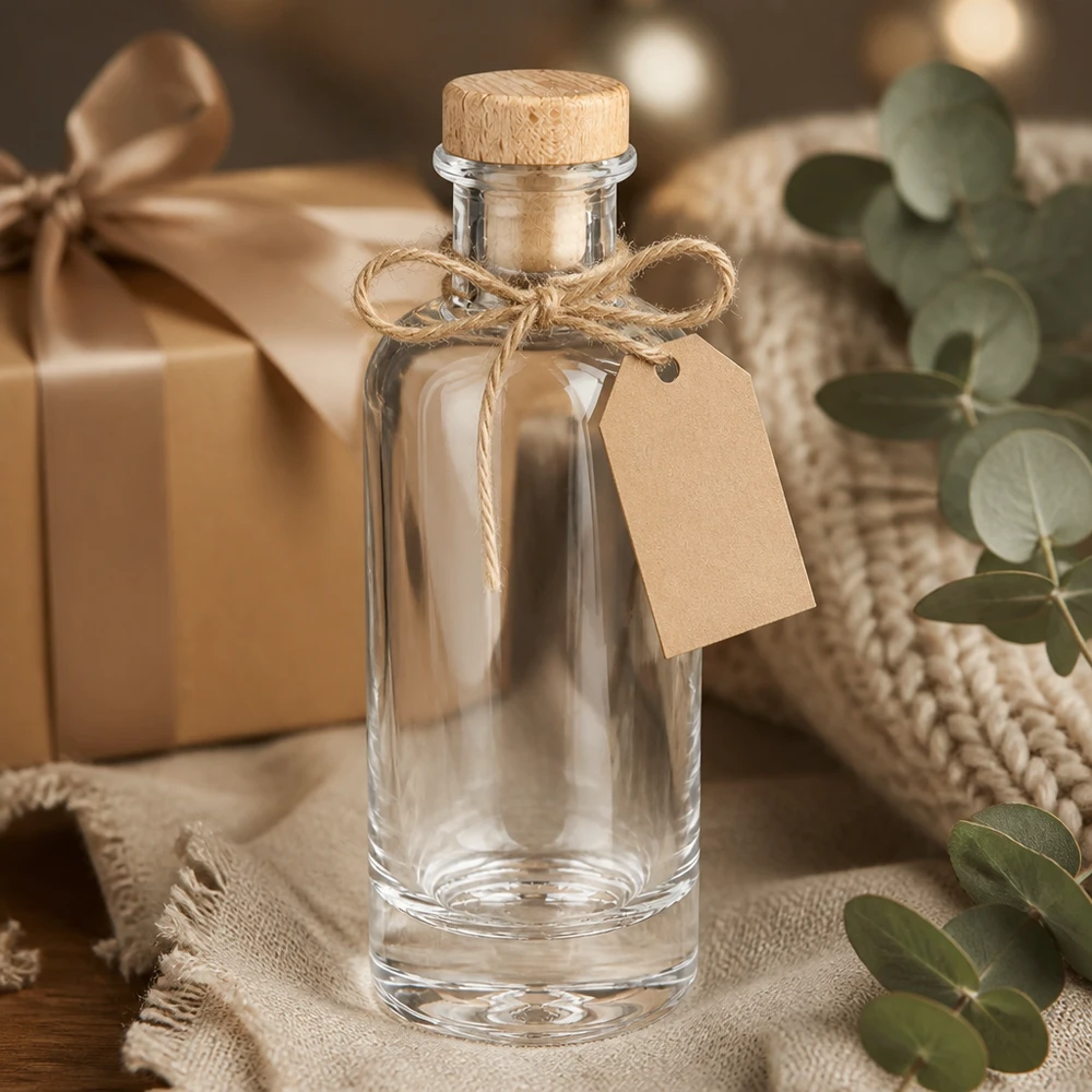 200 ml glasflaska Ella med kork med trähandtag UNiTWIST® 200ml Glasflasche Ella leer mit Holzkorken und Geschenkanhänger dekorativ arrangiert mit Eukalyptus und Geschenkbox