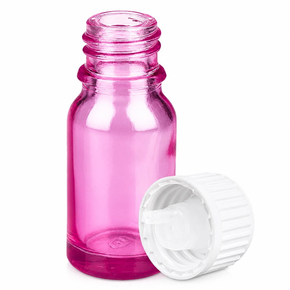 10ml droppflaska 0,9mm vit standard PurpleLine. UT18/10 Lila glasflaska 10 ml med 0,9 mm pipett och vitt lock för eteriska oljor
