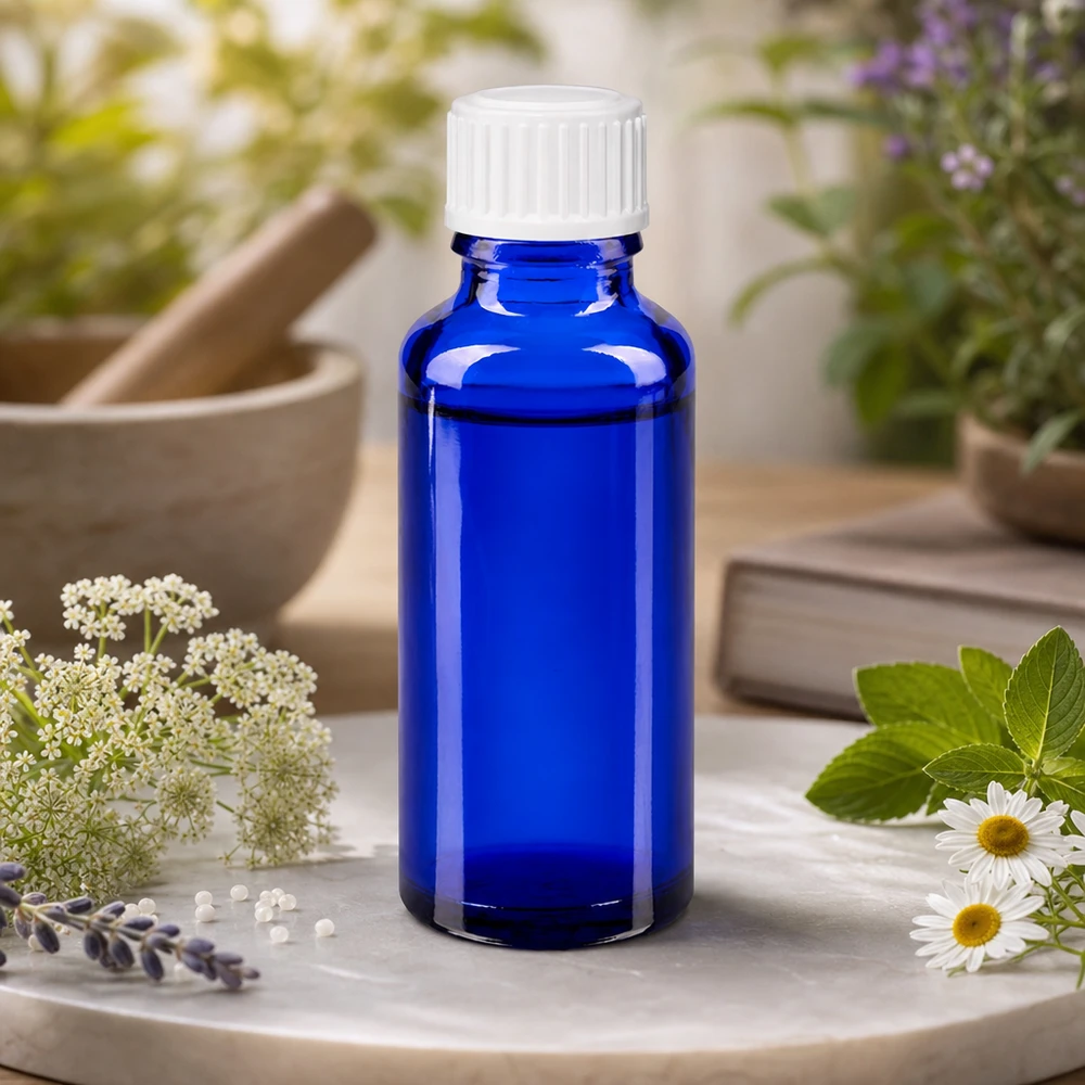 Apoteksflaska blå 30ml skruvkork vit standard Liten blå apoteksflaska på 30 ml med vit standardkork bland medicinalväxter