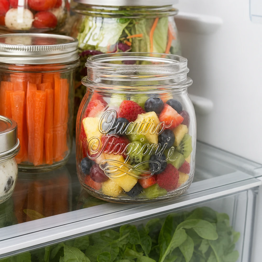 250ml runt glas "Quattro Stagioni" QS70mm 250ml Quattro Stagioni Einmachglas mit buntem Obstsalat im Kühlschrank - perfekt für Meal Prep und Vorratshaltung