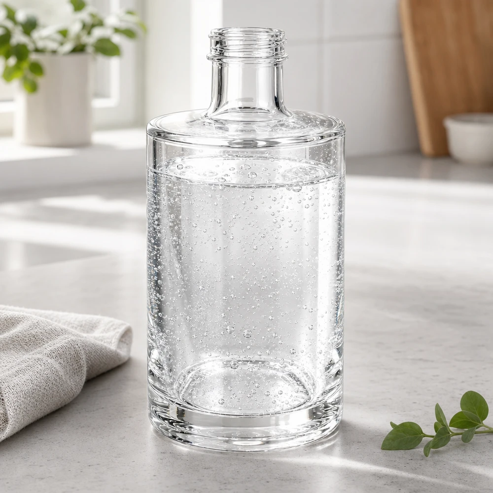 375 ml glasflaska Sam utan skruvlock UNiTWIST® 375 ml glasflaska Sam fylld med kolsyrat vatten på en ljus köksbänk med kökshandduk och växt