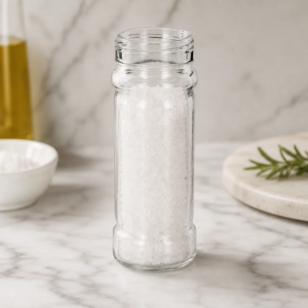 Salt- och kryddburk Mary 100ml, gänga 41mm klarglas Saltglaset Mary, 100 ml, fyllt med grovt havssalt på en vit marmorplatta