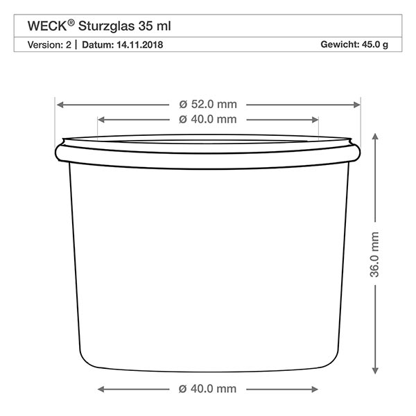 35 ml burk WECK RR40 Teknisk ritning WECK glasburk 35ml RR40 med mått, diameter 40mm och 52mm, höjd 36mm, vikt 45g