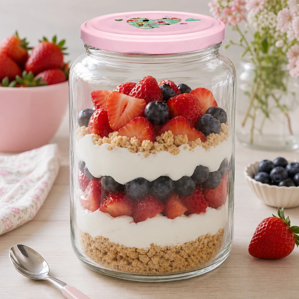 795 ml rund burk + BasicSeal-lock hjärtrosa UNiTWIST Rundglas 795ml mit rosa Herzdeckel gefüllt mit Beeren-Schichtdessert Parfait Anwendungsbeispiel für Desserts und Süßspei