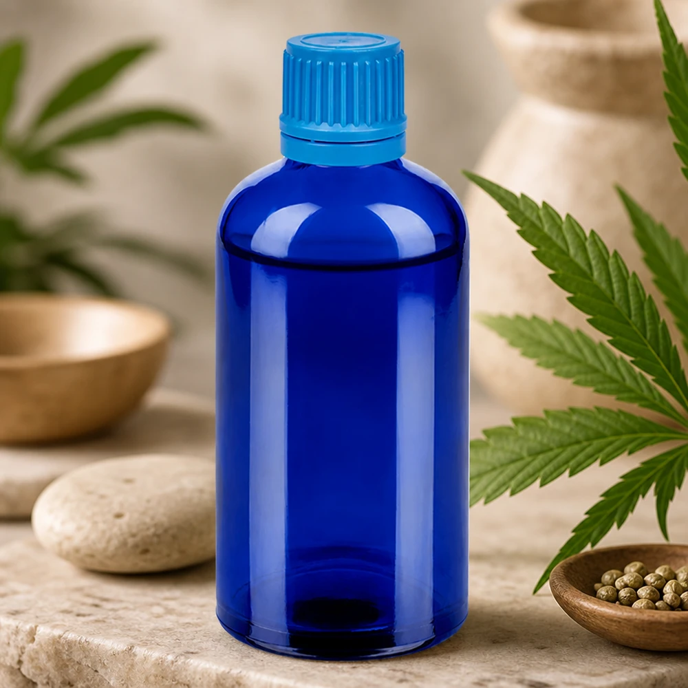 100ml flaska 11mm skruvkork blå säkerhetsförslutning BlueLine UT18/100 Farmaceutisk 100 ml BlueLine-glasflaska med manipulationsskydd och UT18-gänga