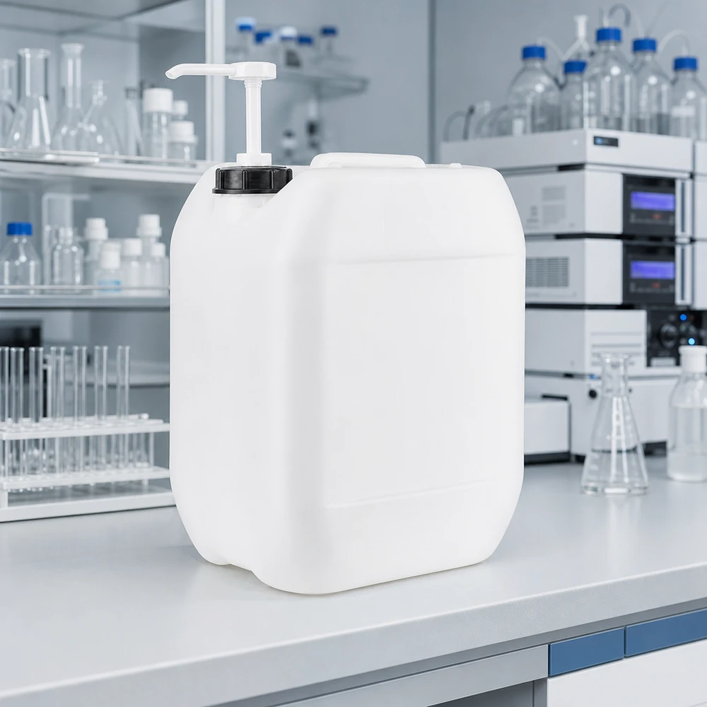 Dunk 10 liter med doseringspump Rektangulär 10-litersdunk av HDPE-plast med svart skruvlock och vit pump