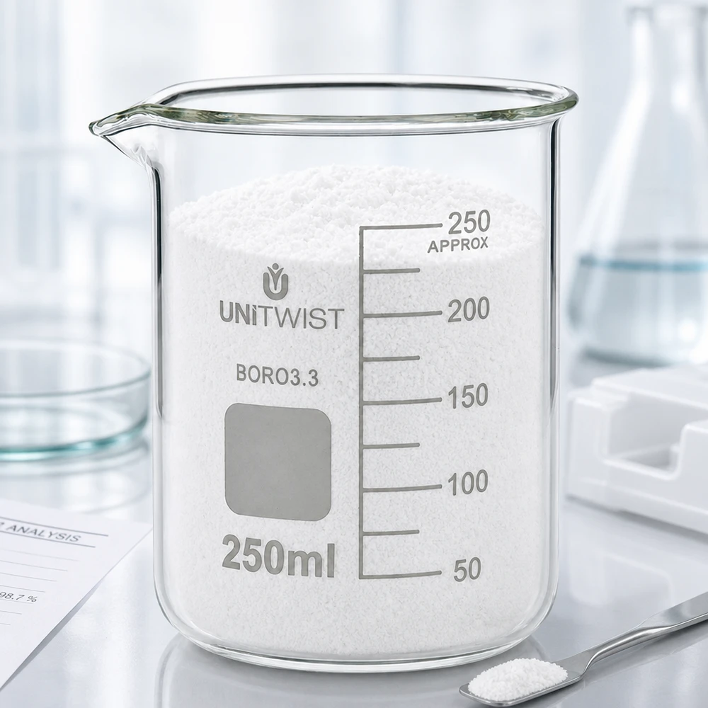 250 ml begerglas med låg form, fyllt med vitt pulver på ett UNiTWIST-laboratorieunderlägg