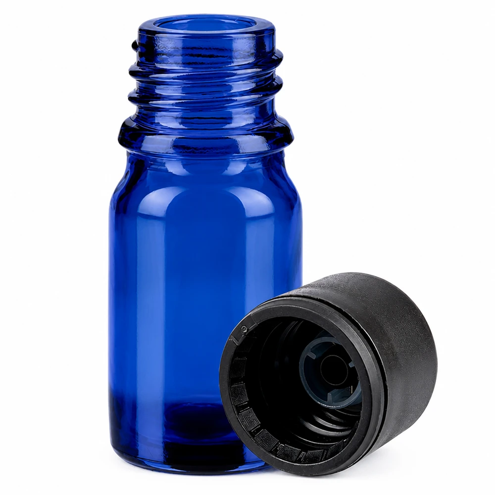 5 ml flaska 11mm skruvkork svart säkerhetslock BlueLine UT18/5 Blå 5ml droppflaska i glas med svart lock för kosmetika och parfym