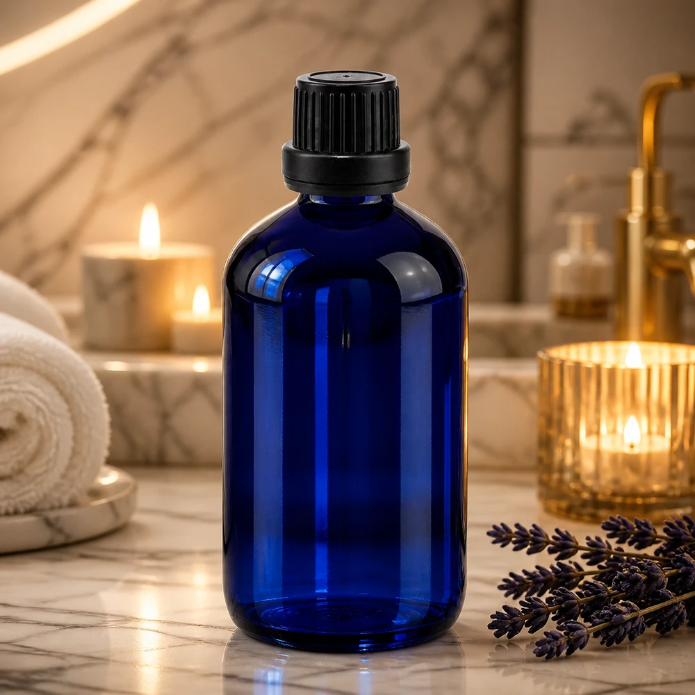 100 ml blå glasflaska med originalförslutning och droppinsats för aromaterapi