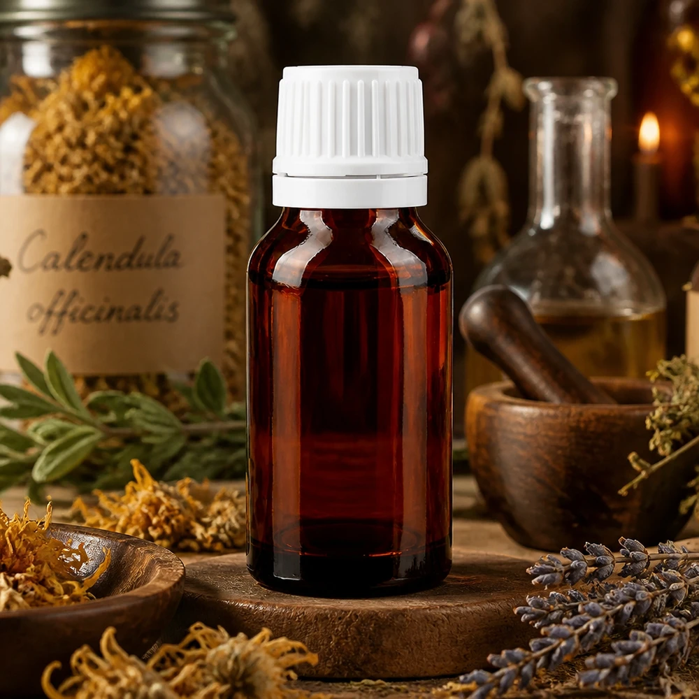 Apoteksflaska brun 15ml skruvkork vit med manipuleringssäker förslutning Apoteksflaska, 15 ml, brunt glas med vitt skruvlock, mellan torkade örter och en mortel