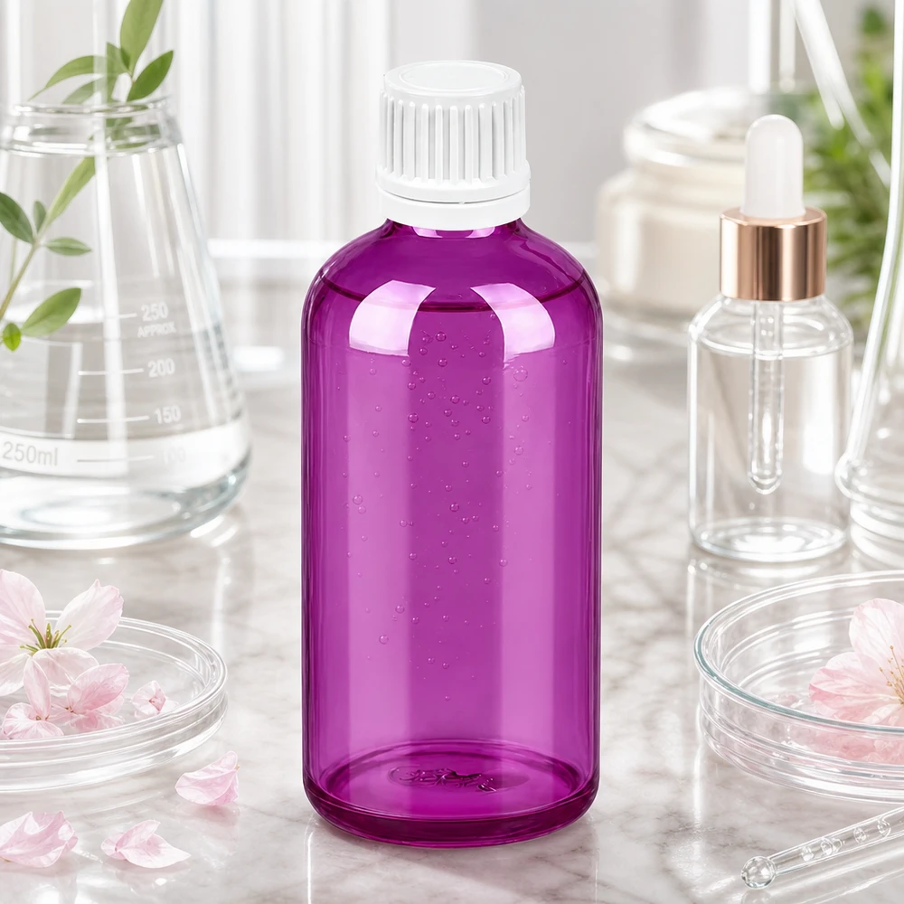 100ml flaska 11mm skruvkork vit Originality skruvkork PurpleLine UT18/100 100 ml PurpleLine-flaska i elegant lila med vitt 11 mm skruvlock för laboratorieapplikationer