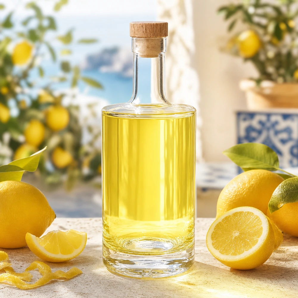 500ml glasflaska Nora fylld med citronlikör medelhavsdekoration träkork UNiTWIST citrusfrukter