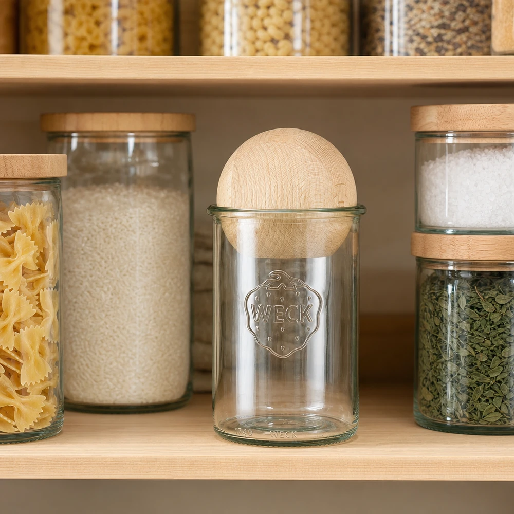 1000ml Krossade glasögon WECK RR100 med träkula i bok WECK Vorratsglas 1000ml RR100 mit Buchenkugel in moderner Küche zwischen Pasta, Reis und Gewürzen zur stilvollen Aufbewa