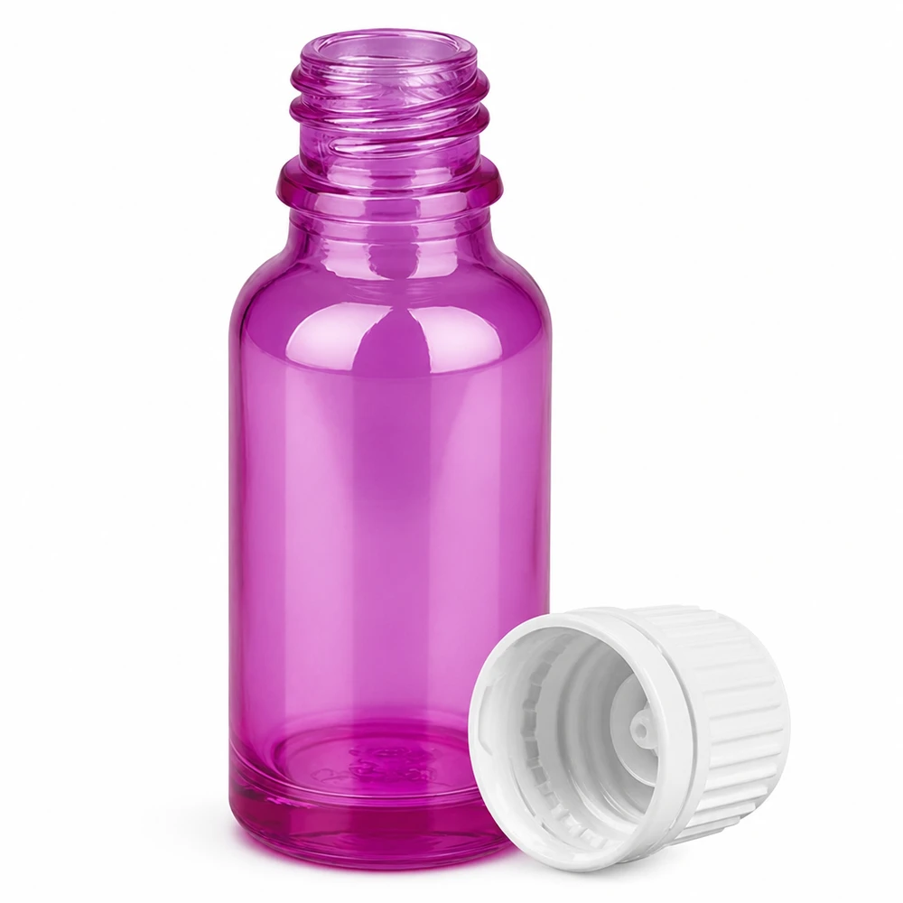 Liten 20 ml droppflaska av violett glas med vitt lock för exakt dosering