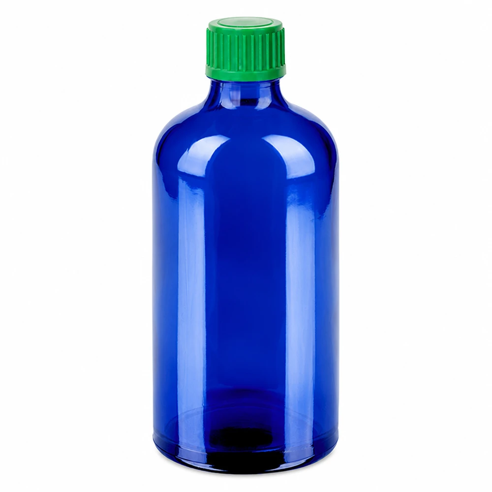 Blå droppflaska 100 ml med grönt lock och 0,8 mm droppinsats för exakt dosering