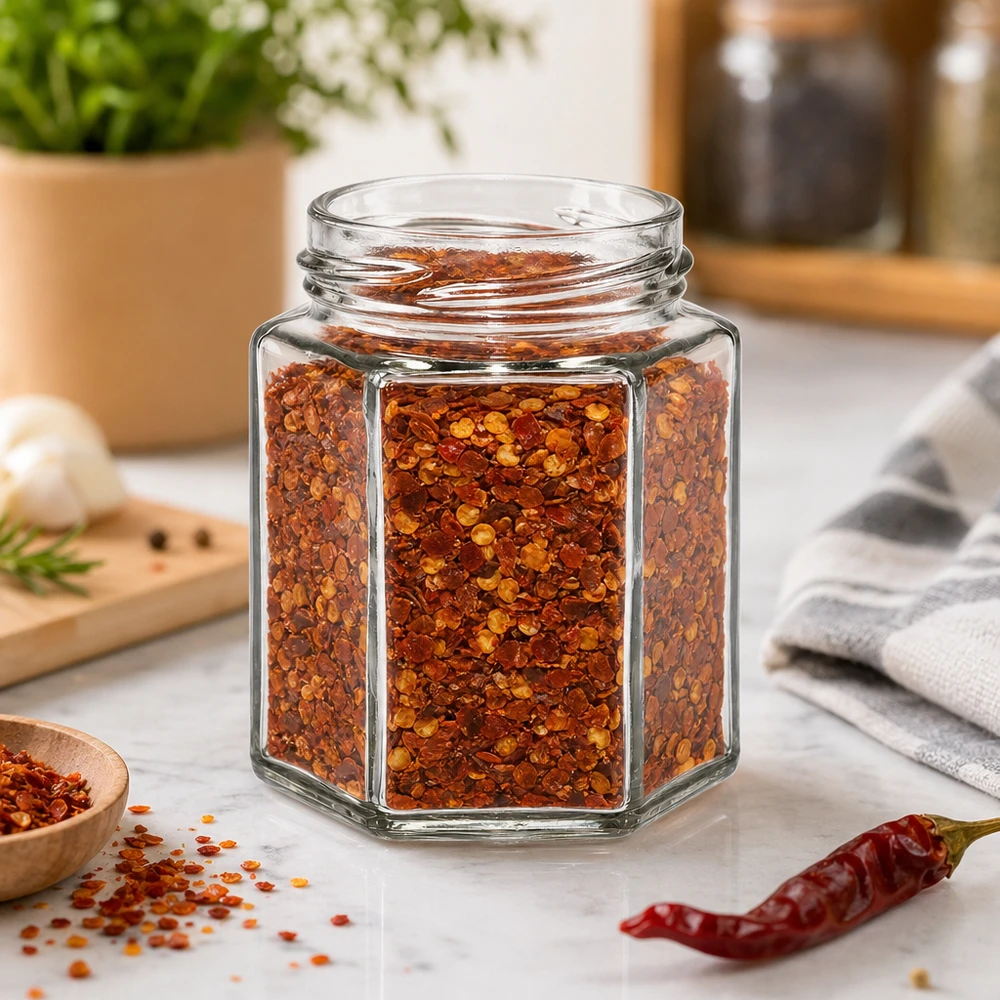 UNiTWIST Hexa196 sexkantig kryddburk 196 ml fylld med chiliflakes på köksbänken