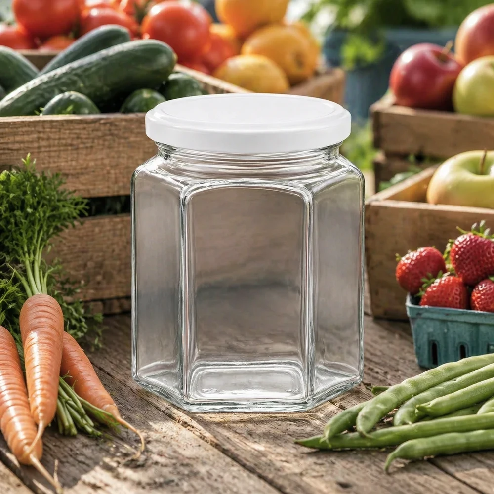 400 g honungsburk med vitt lock BasicSeal UNiTWIST 400g honungsburk sexkantig tom med vitt lock mellan färska grönsaker och frukt på träbord i lantlig stil