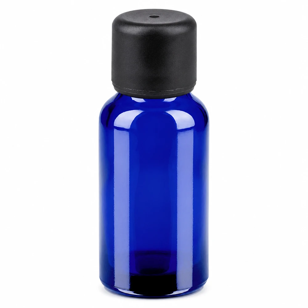 20ml flaska 6mm skruvkork svart standard BlueLine UT18/20 Blå glasflaska 20ml med svart lock SV 6mm för eteriska oljor och kosmetika