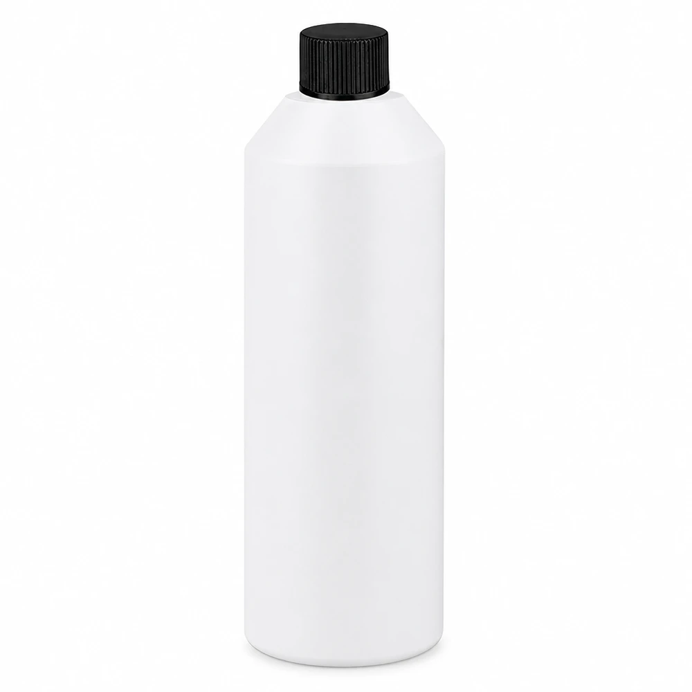 Apoteksflaska HDPE 250ml vit, med svart skruvlock Vit HDPE-apotekflaska på 250 ml med svart skruvlock av tålig plast