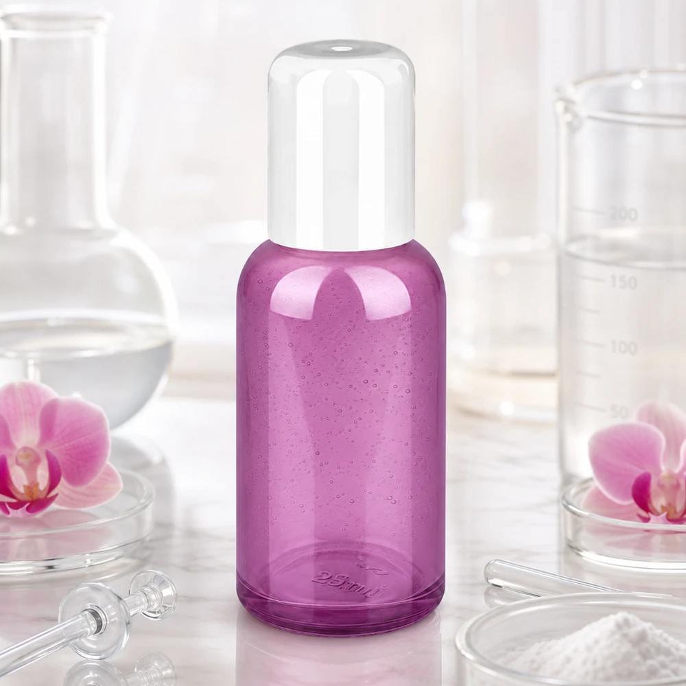 Liten 30 ml roll-on-flaska i violett färg för exakt applicering av parfymer och vårdoljor