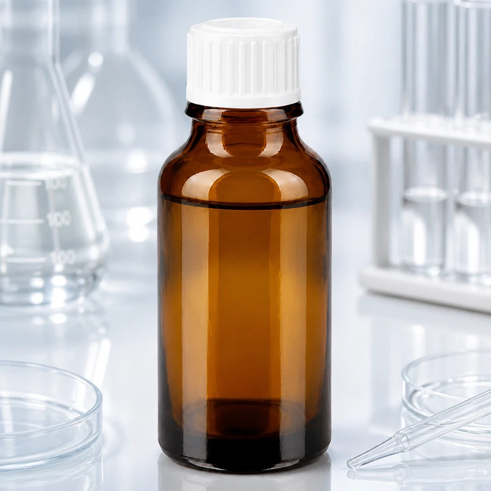 Apoteksflaska brun 20ml droppflaska vit 0,8mm standard 20 ml droppflaska av brunt glas med vitt skruvlock i laboratoriemiljö
