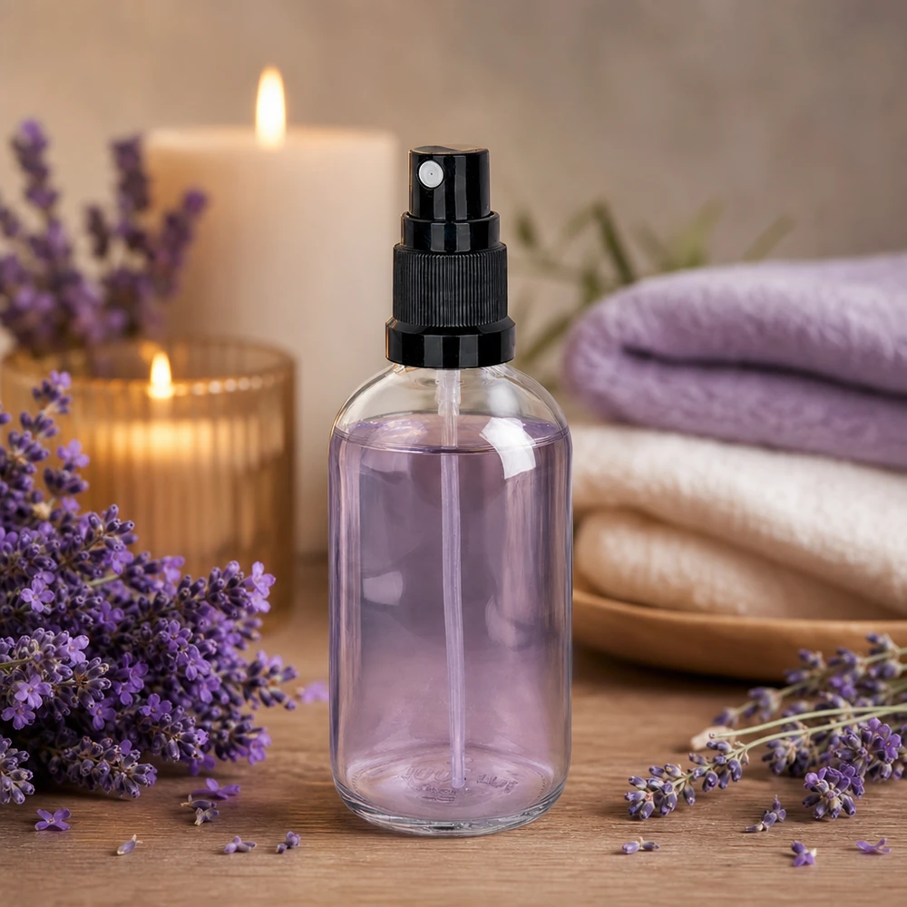 En 100 ml glasflaska med sprayhuvud i svart på ett träbord, omgiven av lavendelblommor