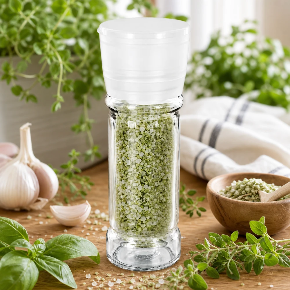 Ört- och saltsglas 100 ml med vit kvarn, fyllt med grönt ört- och saltsblandning bland färska örter