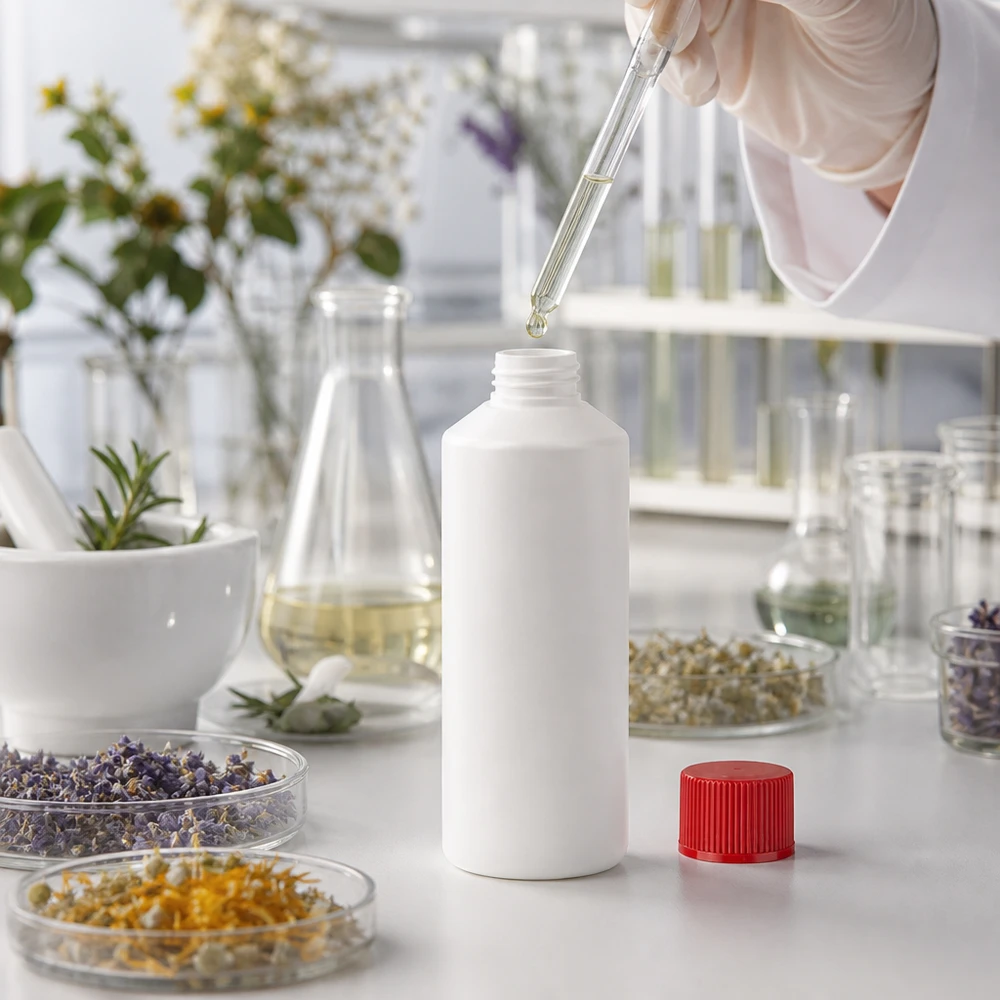 Apoteksflaska HDPE 100ml vit, med rött skruvlock Tillverkning av naturkosmetik med en vit HDPE-flaska på 100 ml och ett rött barnsäkert lock