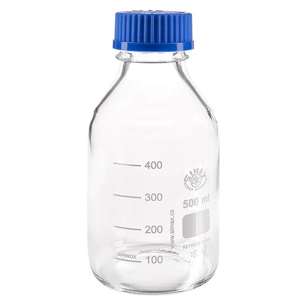 Gängad laboratorieflaska 500ml med lock, borosilikat Gängad laboratorieflaska 500ml med lock, borosilikat