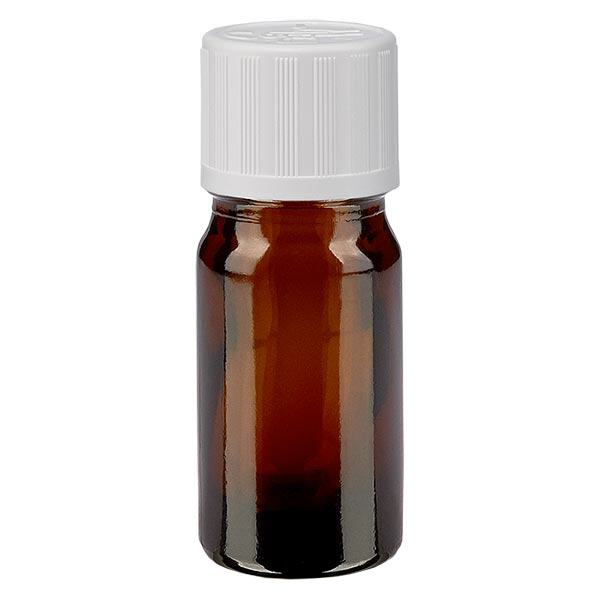 Apoteksflaska brun 5ml skruvkork vit barnsäker standard Apoteksflaska brun 5ml skruvkork vit barnsäker standard