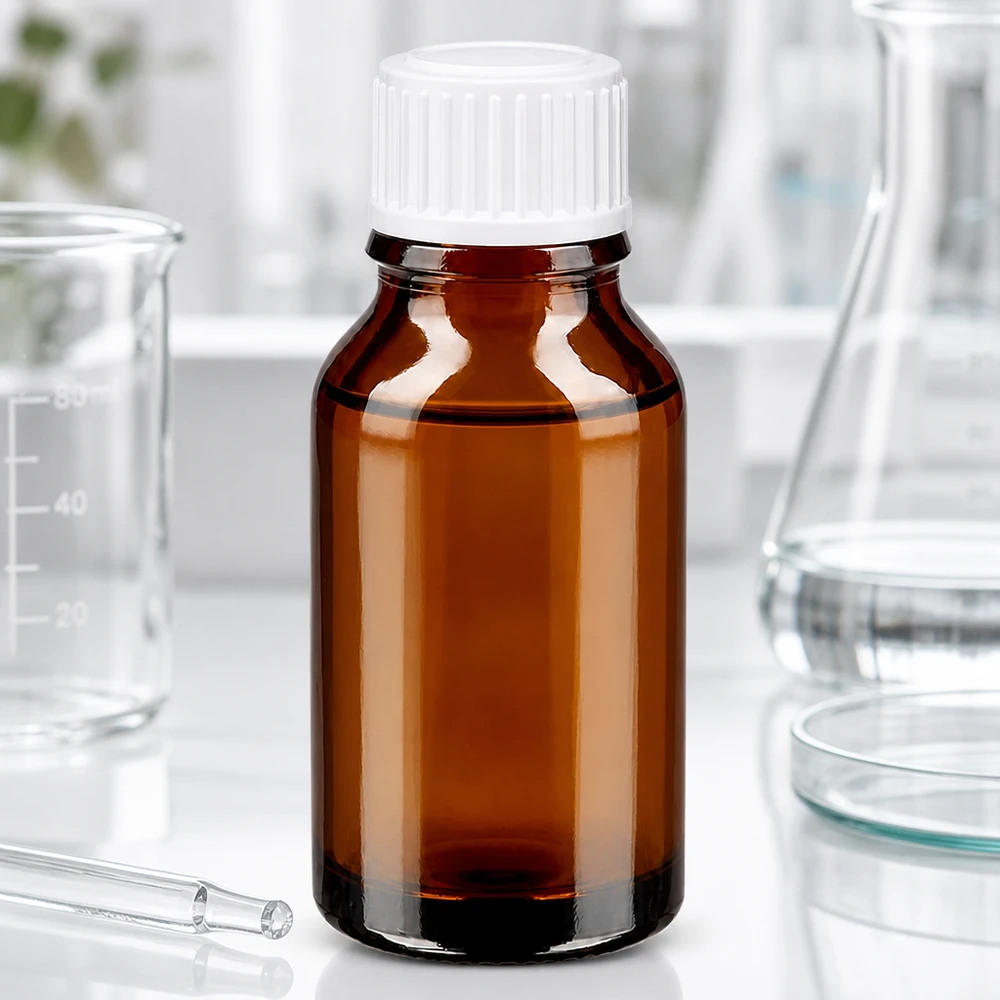 Apoteksflaska brun 15ml droppflaska vit 0,8mm standard Medicinflaska av bärnstensglas, 15 ml, med vitt skruvlock i laboratoriet