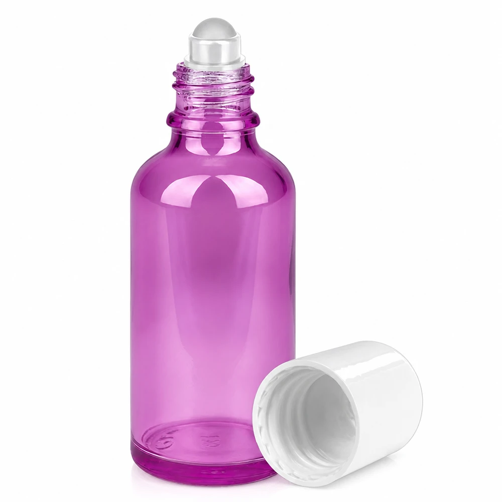 Roll-on-flaska 50ml violett transparent med rullande kula för eteriska oljor och serum