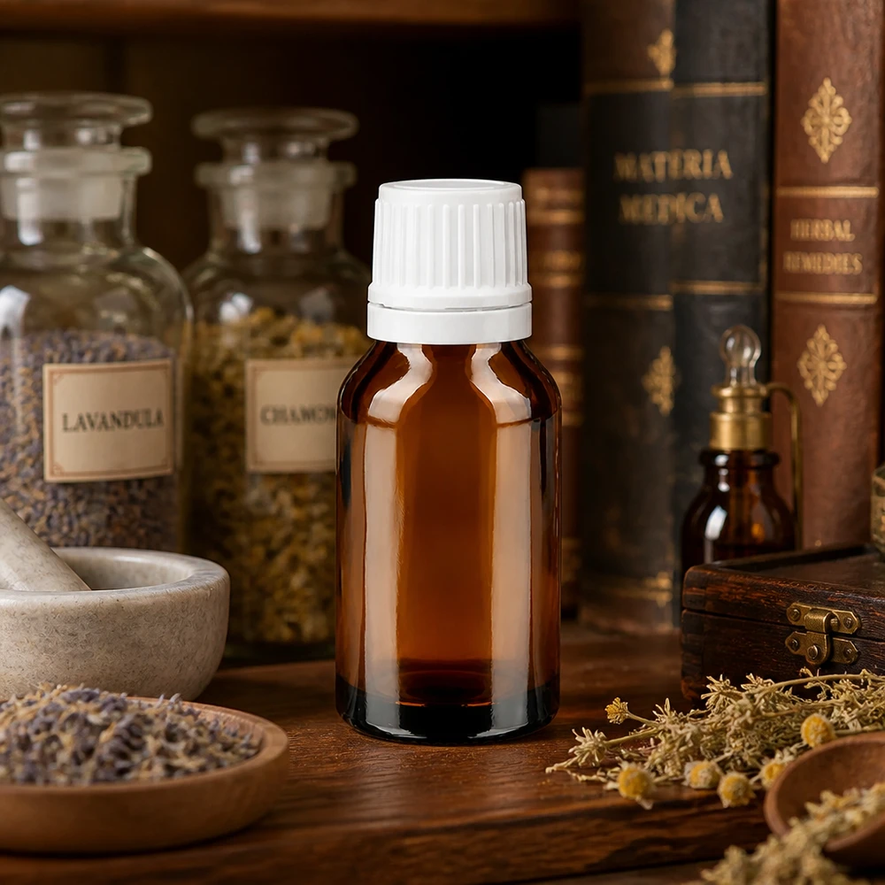 Bärnstensfärgad droppflaska på 15 ml med vitt skruvlock framför Materia Medica-böckerna
