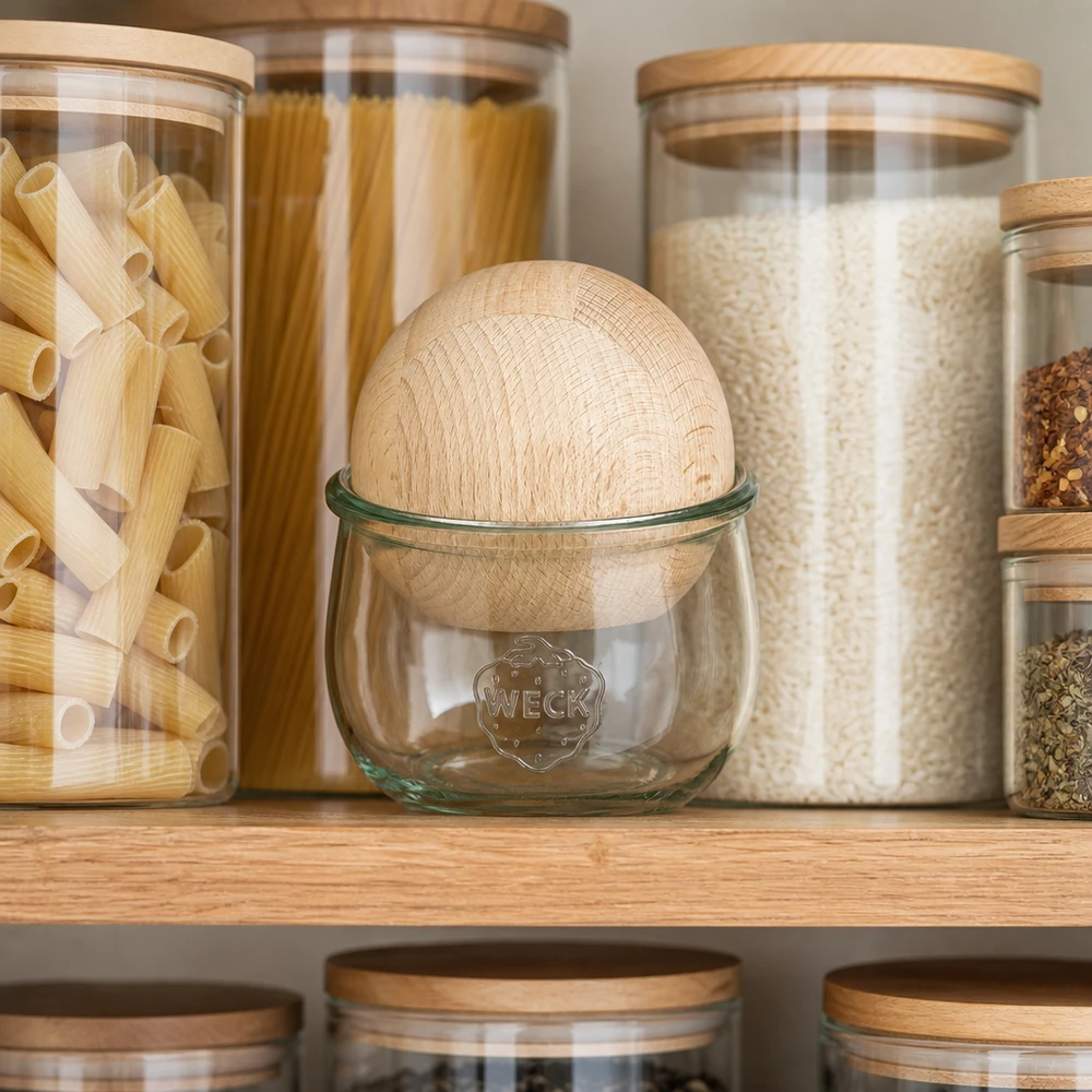 WECK tulpanburk 580ml RR100 med bokträkula i organiserat förvaringskök mellan pasta- och risförvaringsburkar