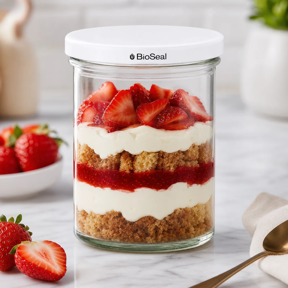 435 ml Krossade glasögon med vitt BioSeal-lock UNiTWIST UNiTWIST-glas 435 ml med jordgubbsdessert i lager och färska bär visar kreativ dessertpresentation