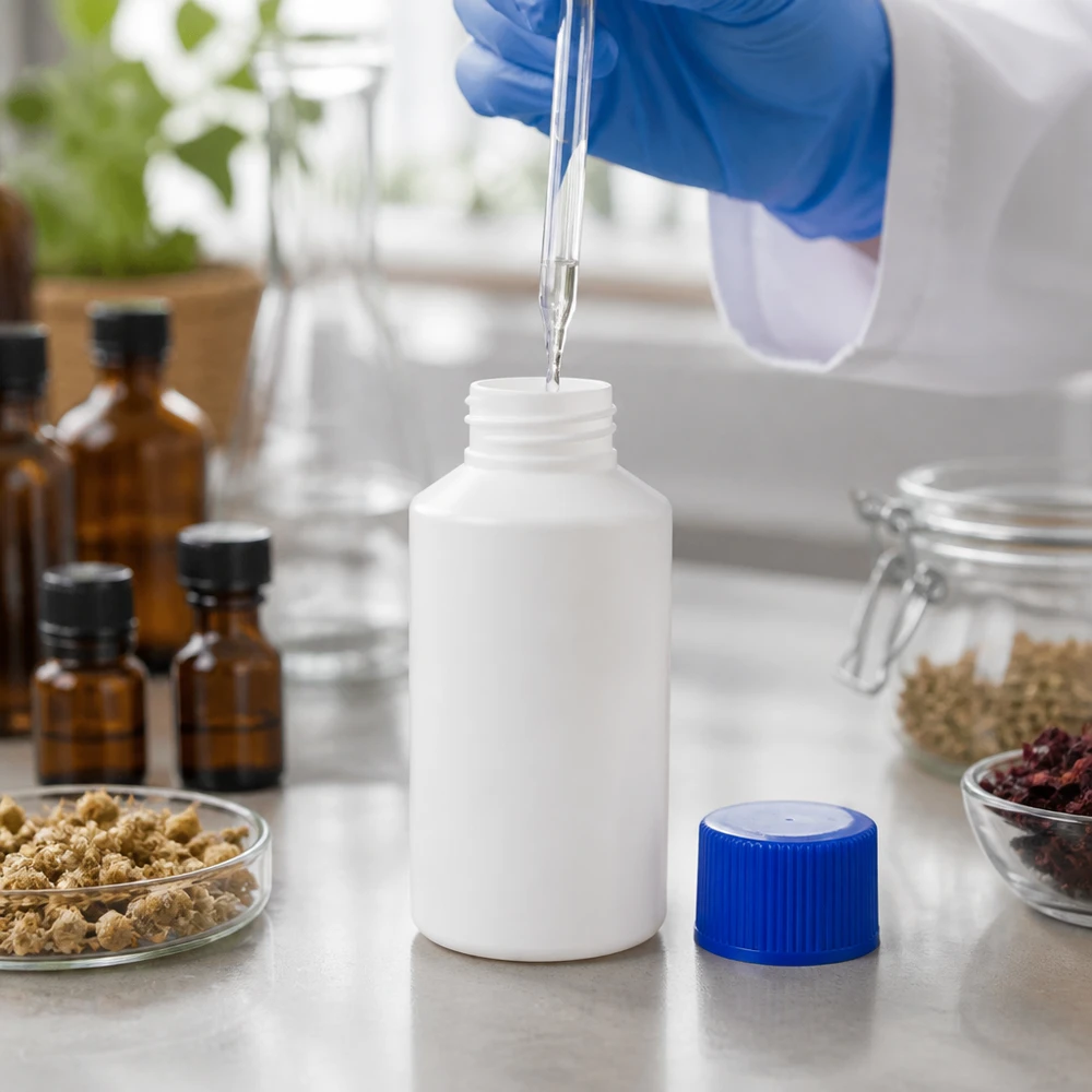 Vit HDPE-apotekarflaska på 50 ml med blå skruvkork i en professionell laboratoriemiljö