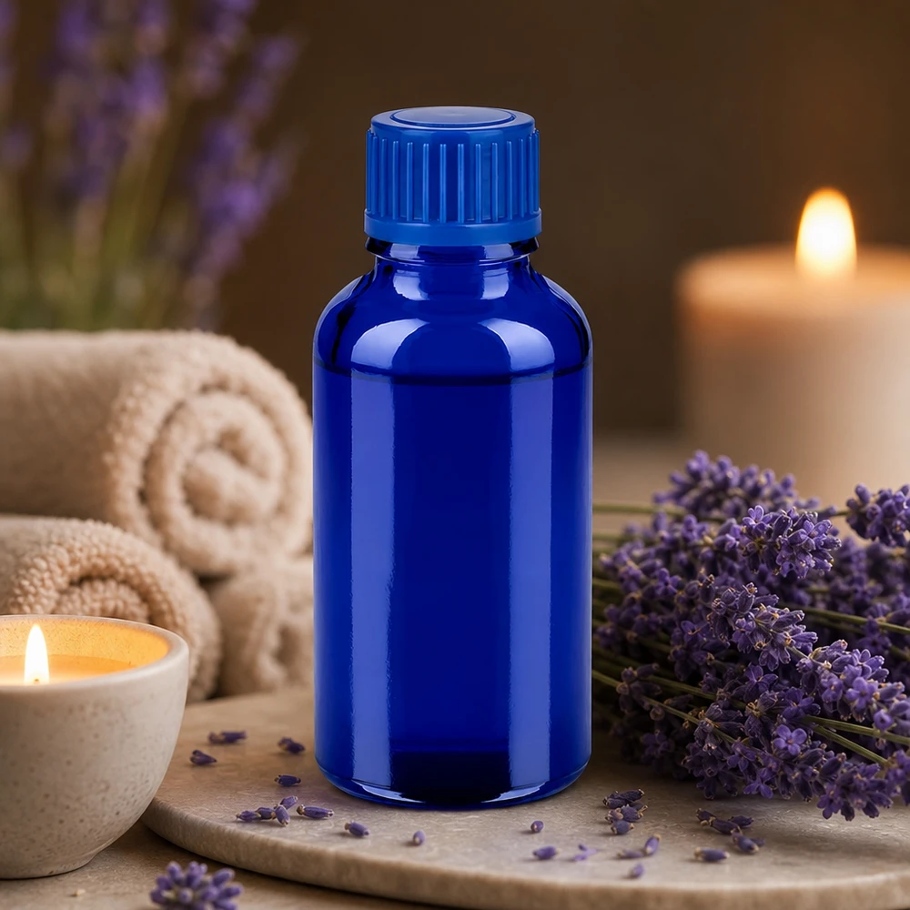 30 ml apoteksflaska i koboltblått av UV-skyddsglas för aromaterapi