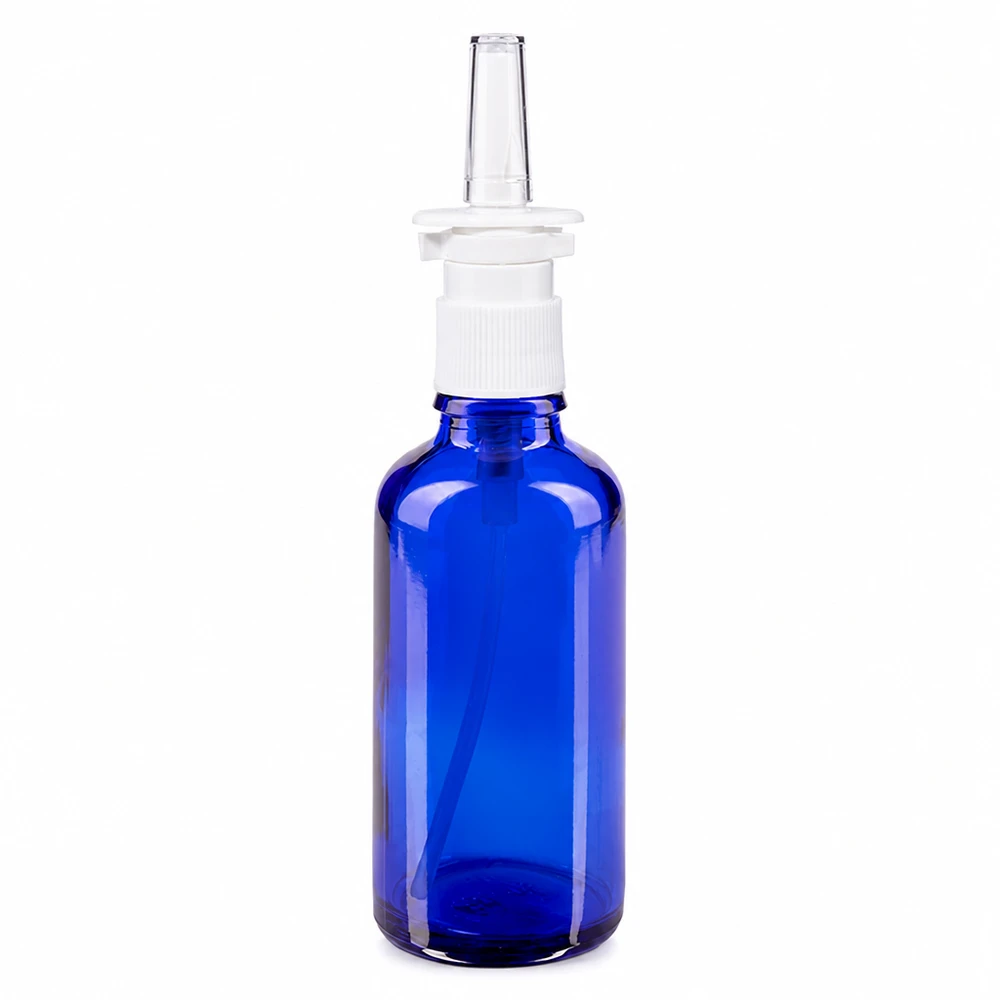 Apoteksflaska blå 50ml nässpray vit standard 50 ml blå glasflaska med vit nässprayhuvud och genomskinlig munstycke för apotek