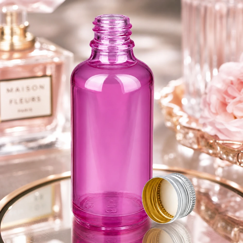 50ml flaska 11mm skruvkork aluminium-silver standard PurpleLine.UT18/50 Elegant 50 ml violett glasflaska med premiumlock i aluminium-silver för lyxkosmetika