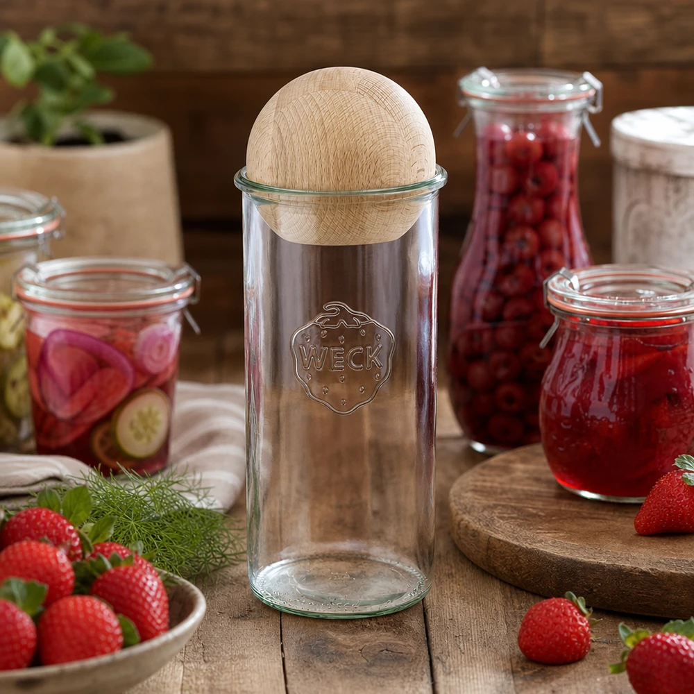 WECK 1500 ml RR100-glas arrangerade dekorativt med syltburkar och färska jordgubbar på ett träbord