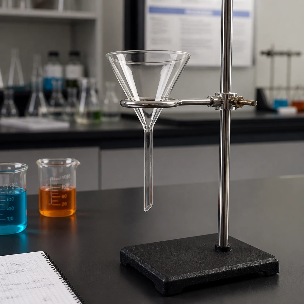 Precis laboratorietratt med en diameter på 80 mm, tillverkad av kemikaliebeständigt kalk-sodaglas för säker användning