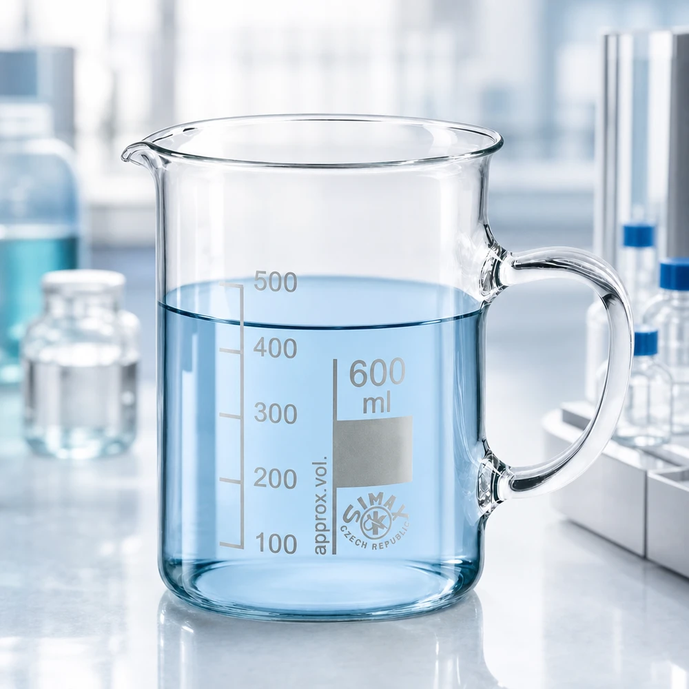 Bägare 600 ml borosilikatglas, med handtag Simax-bägare på 600 ml med handtag, tillverkad av klart borosilikatglas, halvfylld med vatten