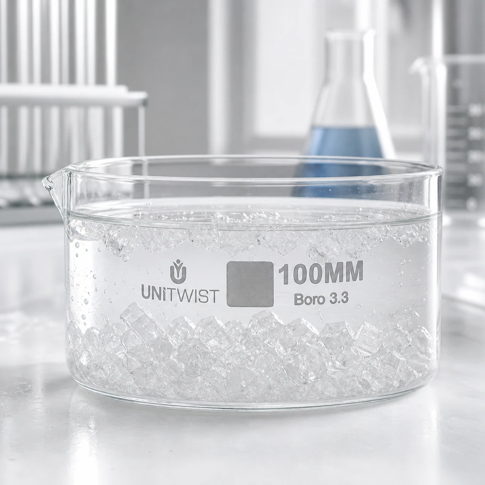 Kristallisationskärl ø100 mm, borosilikatglas UNiTWIST UNiTWIST kristallisationsskål 100 mm, fylld med isbitar, laboratoriebruk, borosilikatglas, klart