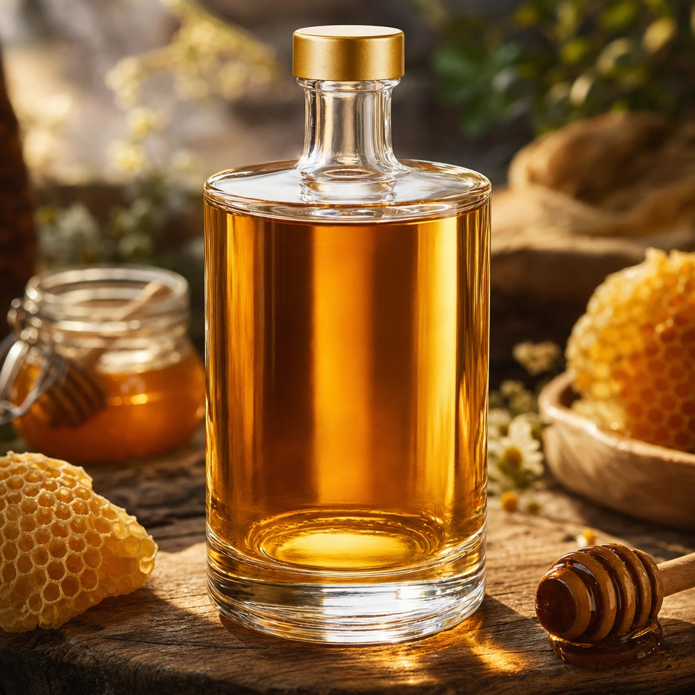500 ml glasflaska Sam + skruvkork guld UNiTWIST® Glasflasche Sam 500ml mit Honig befüllt rustikale Küchendeko Bienenwaben Honiglöffel UNiTWIST gold Verschluss