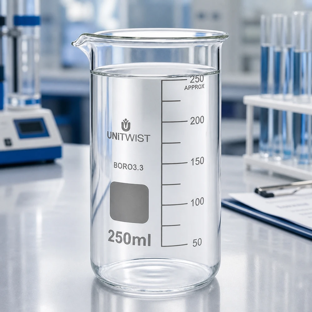 Tomt UNITWIST-bägarglas, 250 ml, hög form, borosilikatglas 3.3, på laboratoriebordet med måttskala