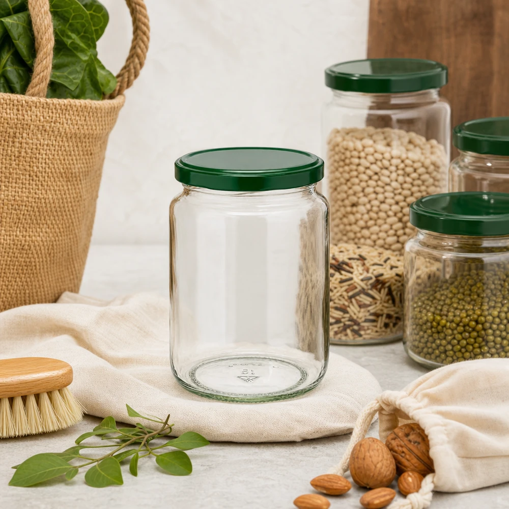 795ml rund burk + BasicSeal-lock grön UNiTWIST 795ml Rundglas UNiTWIST mit grünem Deckel in nachhaltiger Zero-Waste-Küche neben Nüssen und Hülsenfrüchten