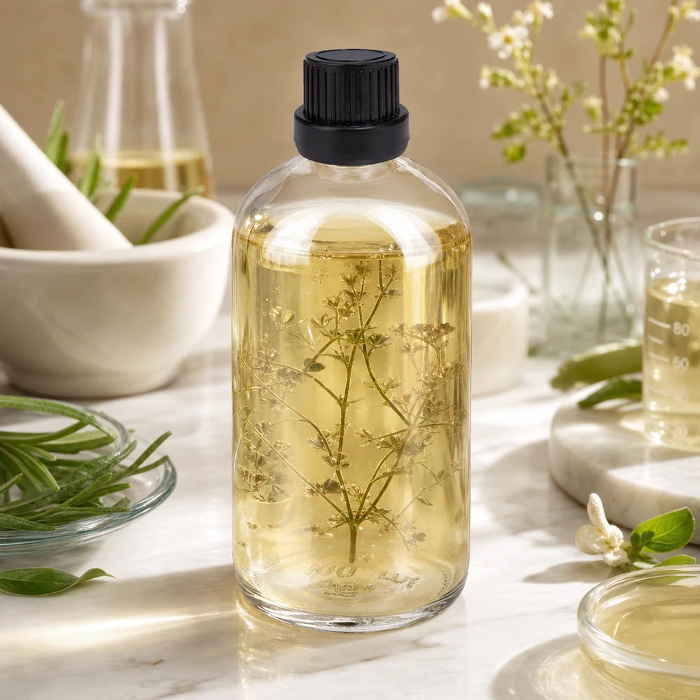 Örtolje-infusion i en 100 ml ClearLine-droppflaska UT18 med barnsäker svart kork