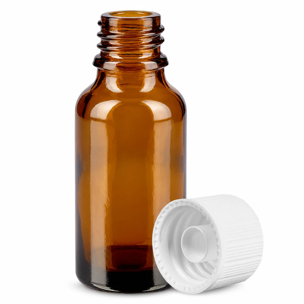 20 ml apoteksflaska av bärnstensfärgat glas med 11 mm gänga för säker förvaring av ljuskänsliga ämnen